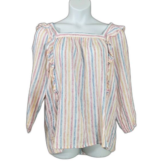 Chaps Blouse women’s XL multicolor ruffles square Neck striped linen blend - Picture 1 of 11